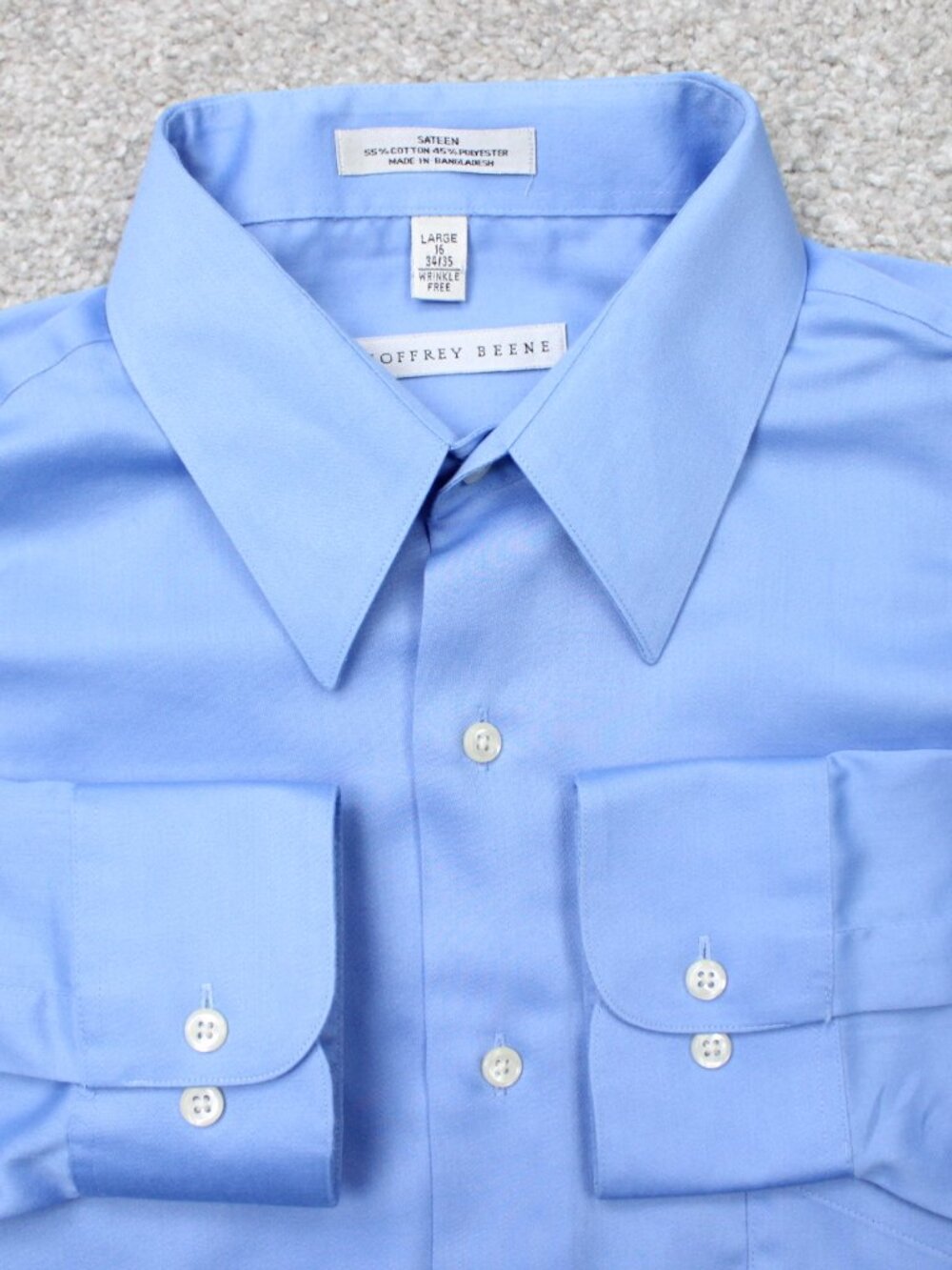 Geoffrey Beene Shirt Mens Large 16, 34/35 Blue Wrinkle Free Sateen Long Sleeve